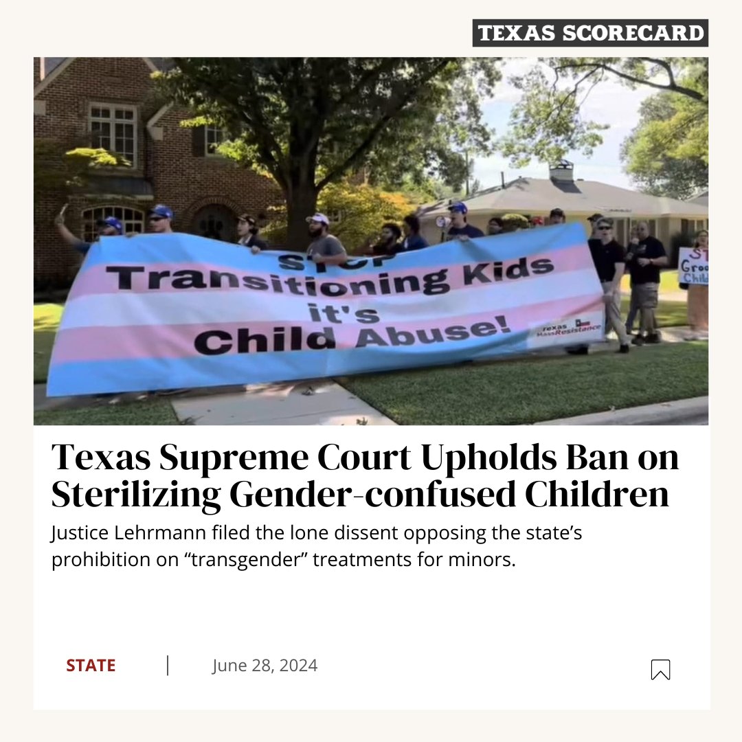 Texas can enforce its ban on drugging and mutilating gender-confused children, according to a ruling issued Friday by the state’s Supreme Court.

Continue to read this story through the link below 🔗
l8r.it/nFtU