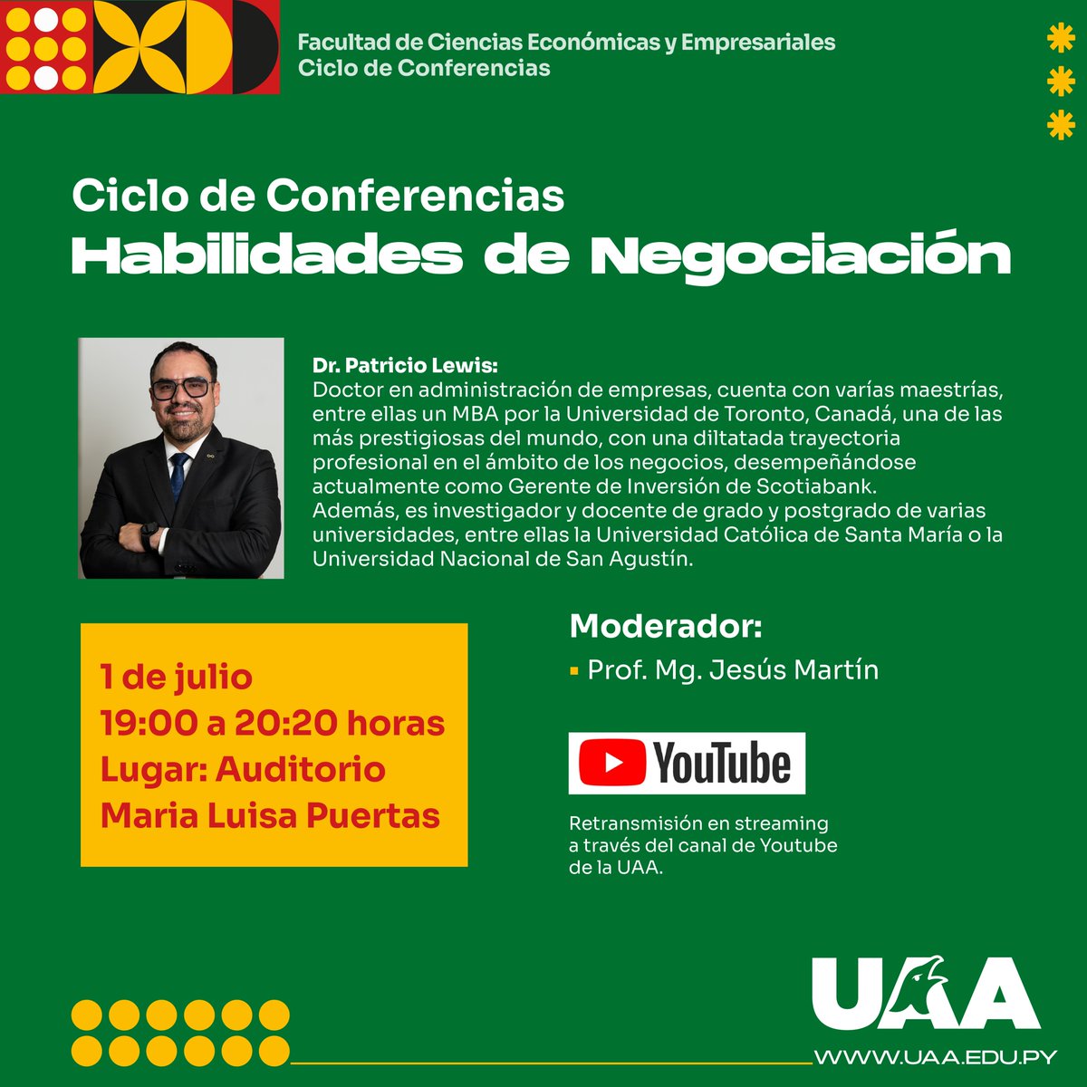 uaapy's tweet image. Te invitamos al Ciclo de Conferencias sobre Habilidades de Negociación, dirigido por el renombrado Dr. Patricio Lewis. 

No te pierdas esta oportunidad para aprender estrategias efectivas que potenciarán tus habilidades en el mundo de los negocios.🤝
.
.
#OrgulloUAA #UaaPy