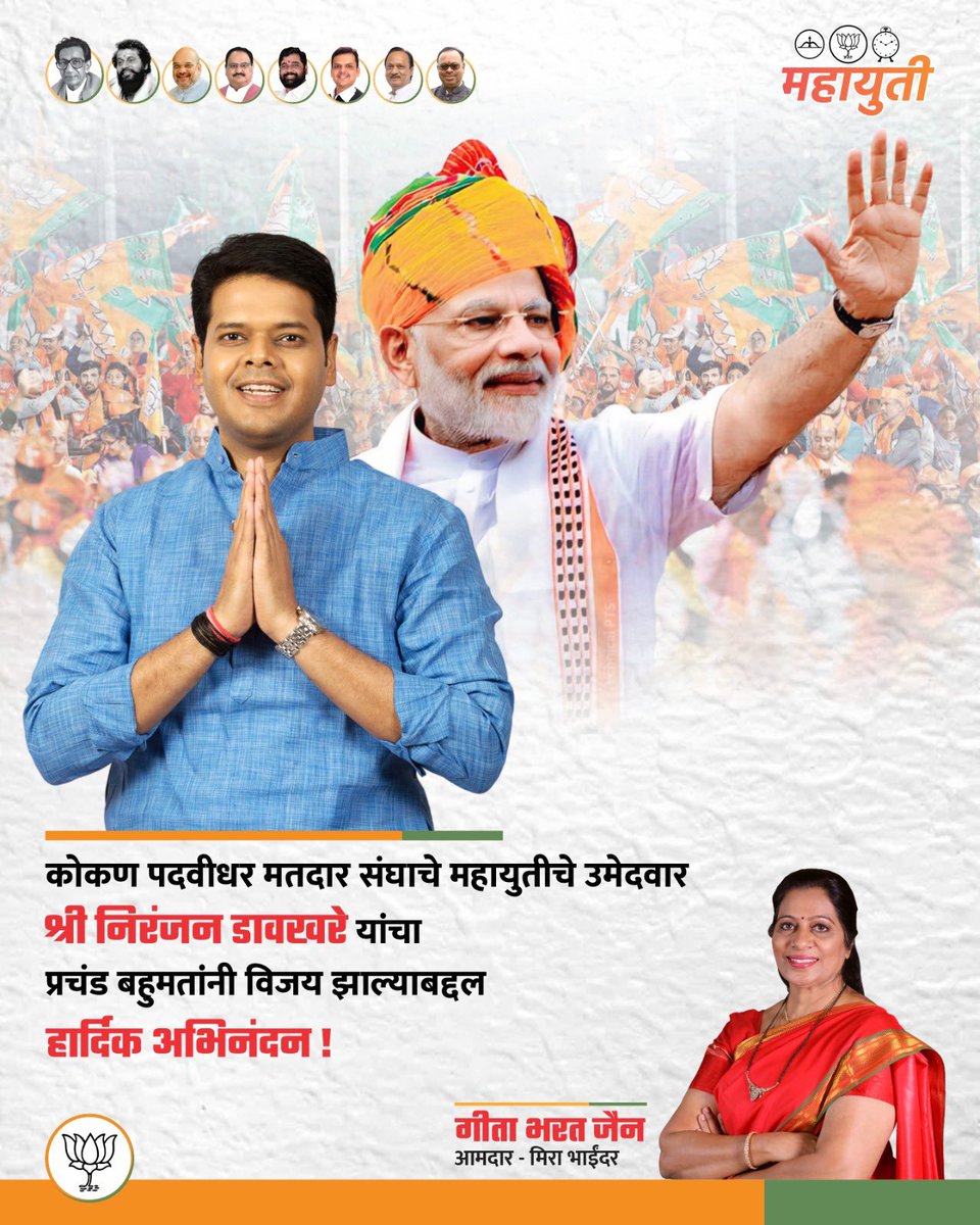 Connectgeeta's tweet photo. कोकण पदवीधर मतदार संघातील महायुतीचे लोकप्रिय उमेदवार श्री निरंजन डावखरे यांचा प्रचंड मतांनी विजय झाल्याबद्दल त्यांचे हार्दिक अभिनंदन. आपल्या मतदार संघातील पदवीधर मतदारांचा आपल्यावरील विश्वास पुन्हा एकदा सिद्ध झाला.
#konkangraduatesconstituency #mahayuti #winning #victroy https://t.co/OVhhBF75K9