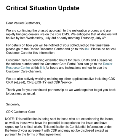 GuyDealership's tweet photo. JUST IN: Dealership outages are coming to an end!

CDK Global anticipates that all dealers will be live by July 4th 🇺🇸

For those living under a rock...

CDK Global, an Automotive software company, was severely hacked nearly 2 weeks ago. The hack handicapped over 50% of U.S. car dealerships and impacted millions of employees.

The crazy part is that many experts said CDK wouldn't be able to recover for weeks (and maybe even months), so this is very good news.