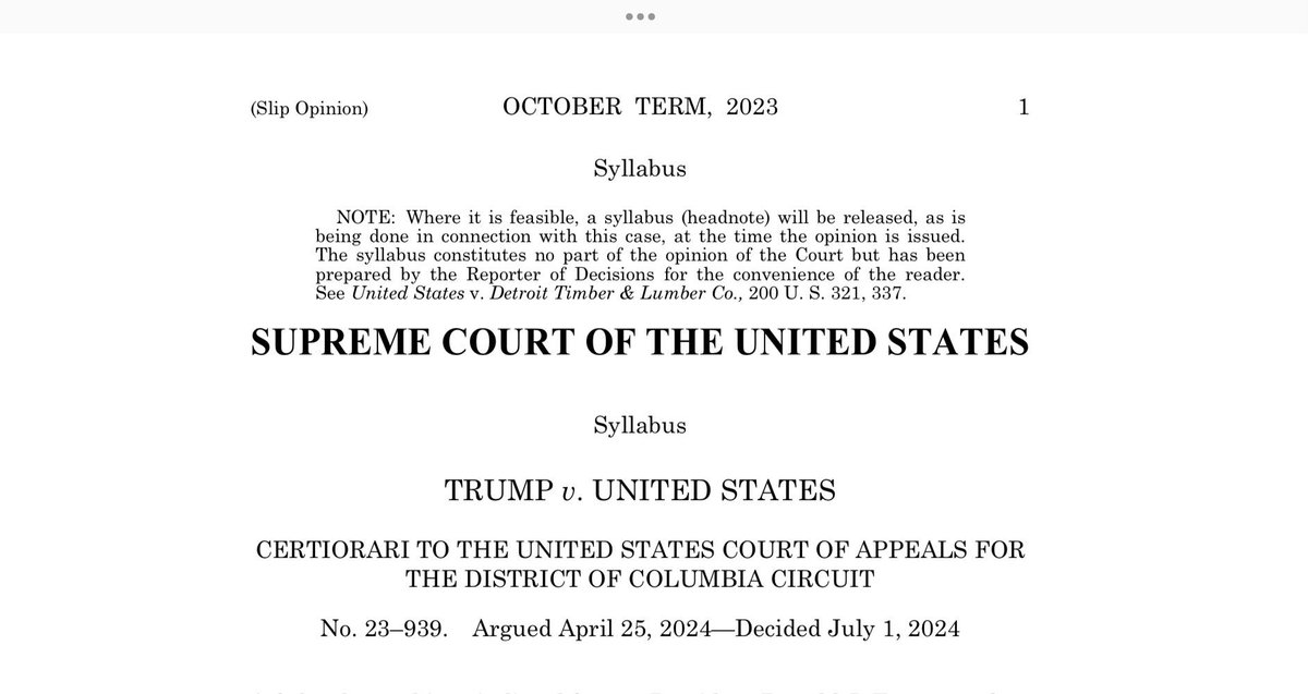 AttyDMM's tweet photo. #ConstitutionalLaw HELD: Absolute immunity, presumptive immunity, remand. Much of the case will likely die on remand as a result of trial discovery and SCOTUS guidance here, and the low pain threshold of prosecutors. #SCOTUS #PureSCOTUS https://t.co/MkRIcnR7ID