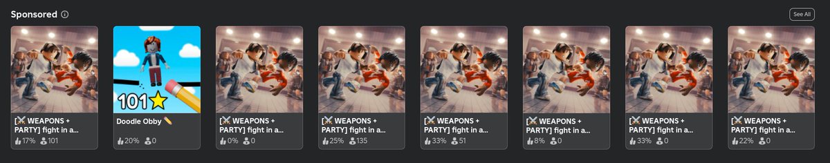 itsrubenx_'s tweet photo. Nah what happened to the #ROBLOX  sponsored tab 💀
One 0 player game and 7 exact copy games in one sponsored tab is crazy https://t.co/azYn5PiAUH