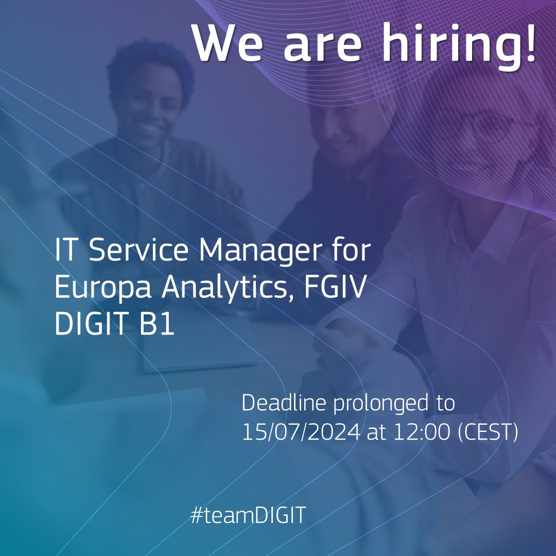The deadline for the position of IT Service Manager in charge of Europa Analytics has been prolonged to 15 July.

Check out the #vacancy and join us in #teamDIGIT 👉 europa.eu/!MtVGcm