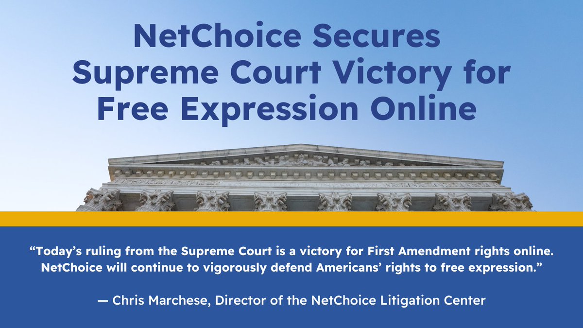 NetChoice (@netchoice) on Twitter photo 🚨 NetChoice WINS at Supreme Court Over Texas and Florida’s Unconstitutional Speech Control Schemes
CONTACT: <a href="/KristaAChavez/">Krista Chavez</a>, PRESS@NETCHOICE.ORG
WASHINGTON—Today, the U.S. Supreme Court ruled in favor of NetChoice & <a href="/ccianet/">Computer & Communications Industry Association</a> core First Amendment arguments against Texas and 🚨 NetChoice WINS at Supreme Court Over Texas and Florida’s Unconstitutional Speech Control Schemes
CONTACT: <a href="/KristaAChavez/">Krista Chavez</a>, PRESS@NETCHOICE.ORG
WASHINGTON—Today, the U.S. Supreme Court ruled in favor of NetChoice & <a href="/ccianet/">Computer & Communications Industry Association</a> core First Amendment arguments against Texas and
