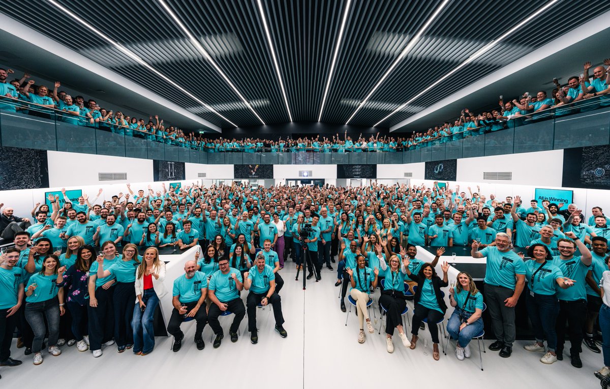 MercedesAMGF1's tweet photo. A sea of winners' tees for today's debrief in Brackley. 

Progress has been a whole team effort and we won't stop pushing 🚀 https://t.co/7NTnOg8eVa