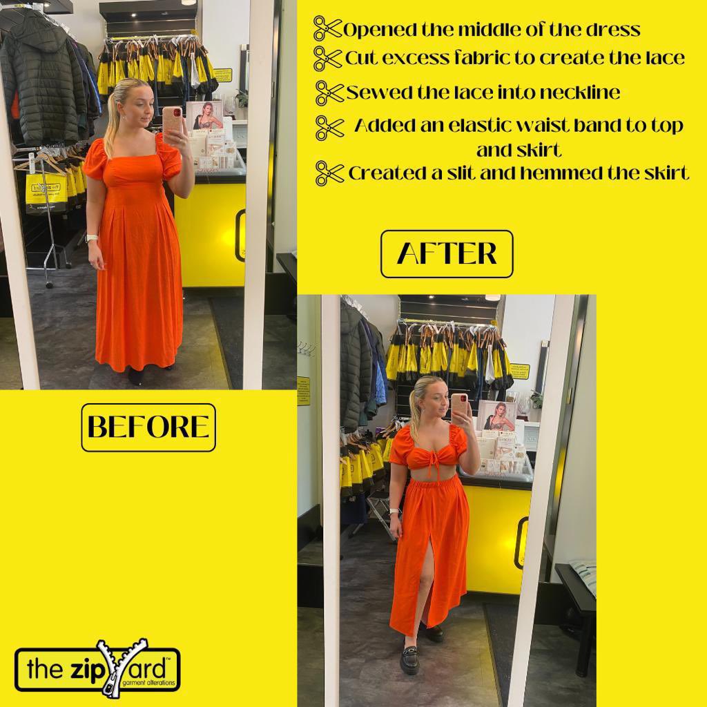 TheZipYard_IRL's tweet photo. 📸 Orange Dress 
✅ Opened the middle of the dress
✅ Cut excess fabric to create the lace
✅ Sewed the lace into neckline
✅ Added an elastic waist band to top &amp; skirt
✅ Created a slit, and hemmed the skirt 

#dressalterations #alterations #upstyle #restyle #thezipyard https://t.co/Zk4PqCOj3g