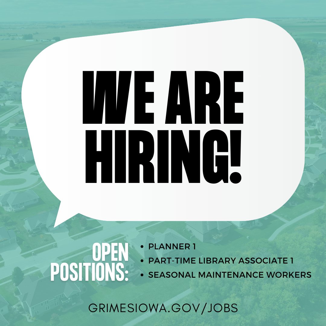 CityGrimes's tweet photo. We're hiring! The City of Grimes currently has openings for a Planner 1, Part-Time Library Associate, and Seasonal Maintenance Workers. Learn more and apply at https://t.co/a9Ey97hz9m. https://t.co/qQcxPyDPEy