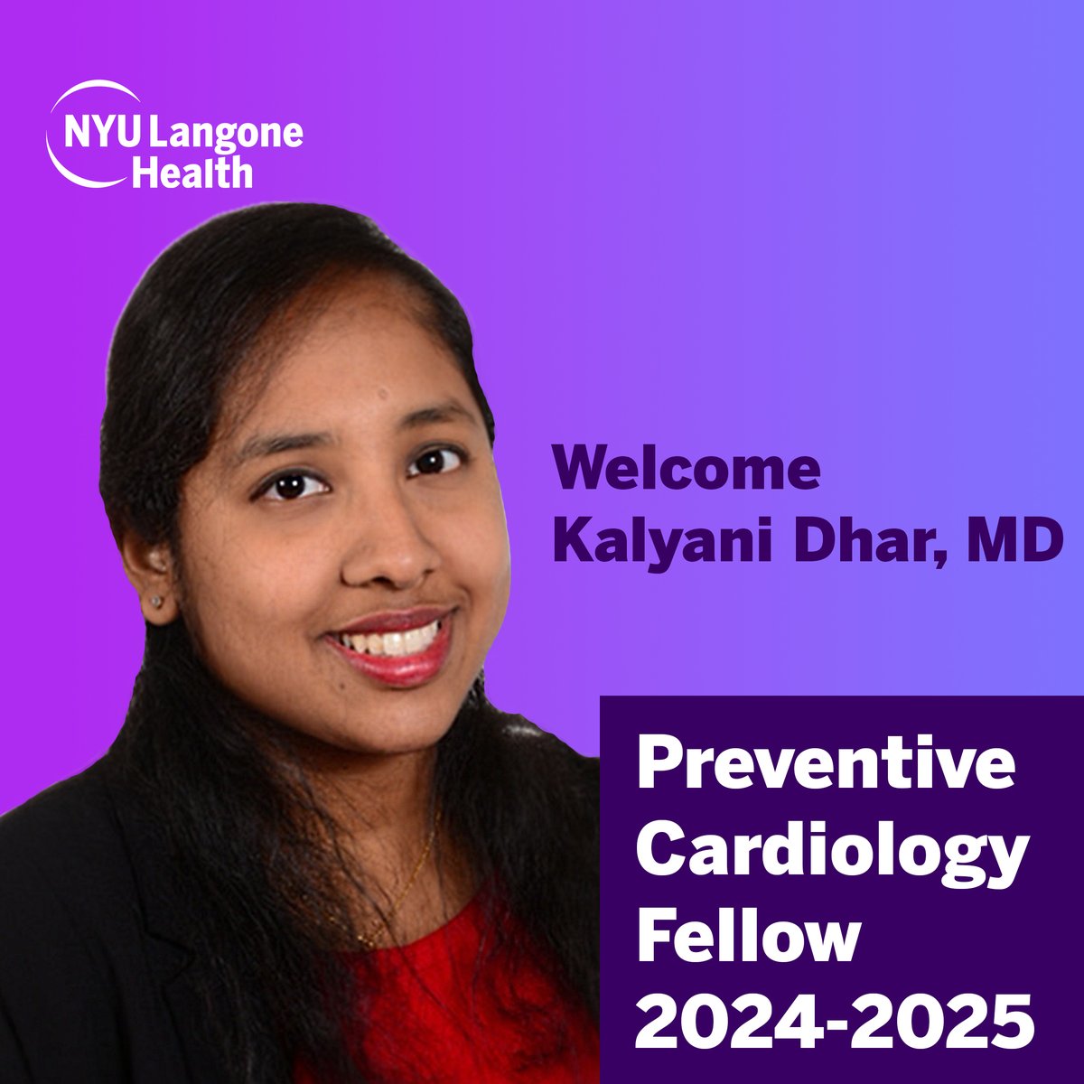 We are excited to welcome our new preventive cardiology fellow, Dr. Kalyani Dhar! 

Dr. Dhar received a medical degree at Rutgers Robert Wood Johnson Medical School and completed internal medicine residency at Stony Brook University and a Women’s Health Fellowship at Northwell.