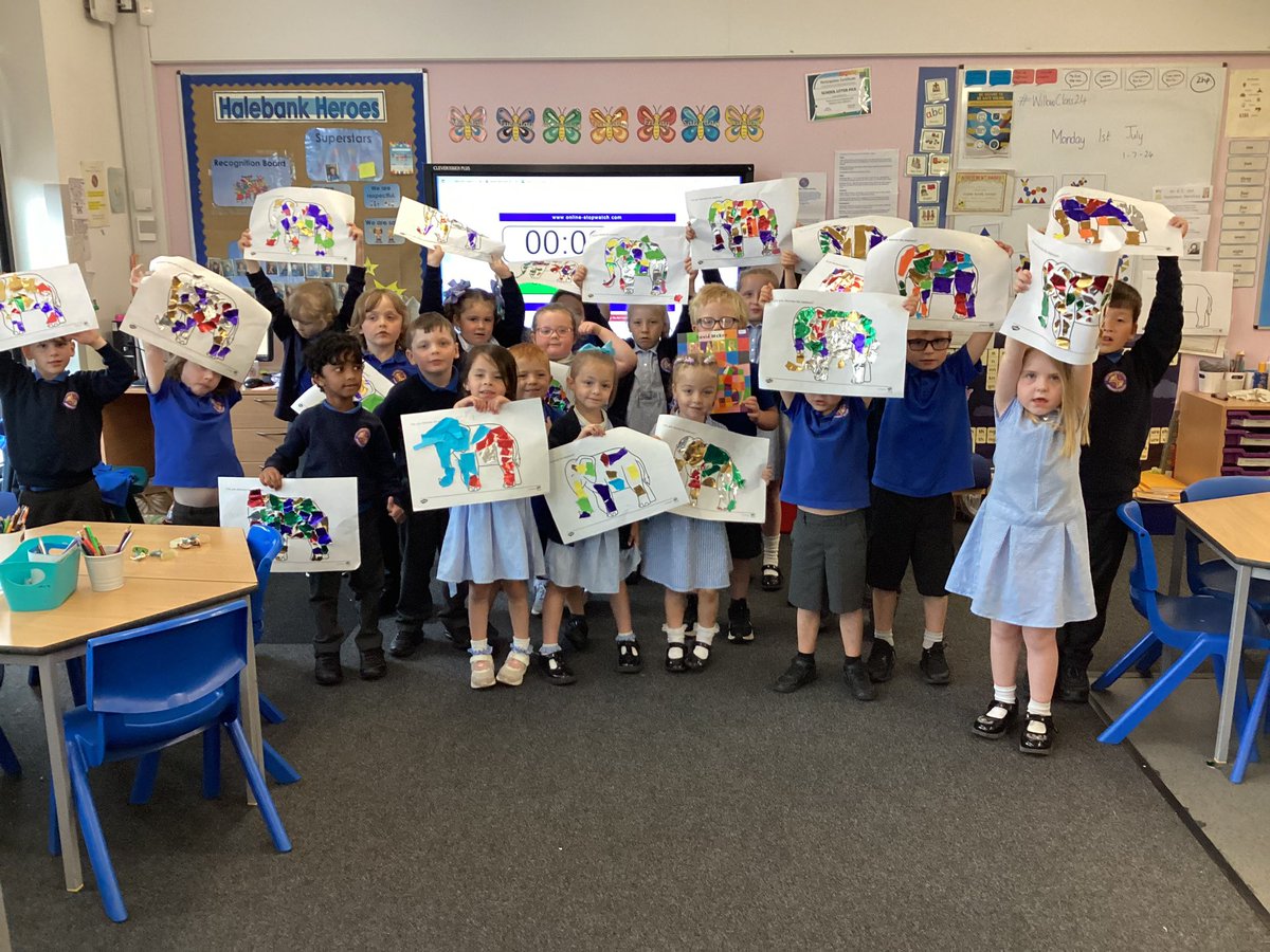 halebank_sch's tweet photo. A colourful afternoon in Willow Class. We read the story Elmer and creates our very own patchwork Elmer elephants using coloured paper #HBWillowClass #HBArt #HBTransition #Elmerthepatchworkelephant https://t.co/SGuyaZ05Gb