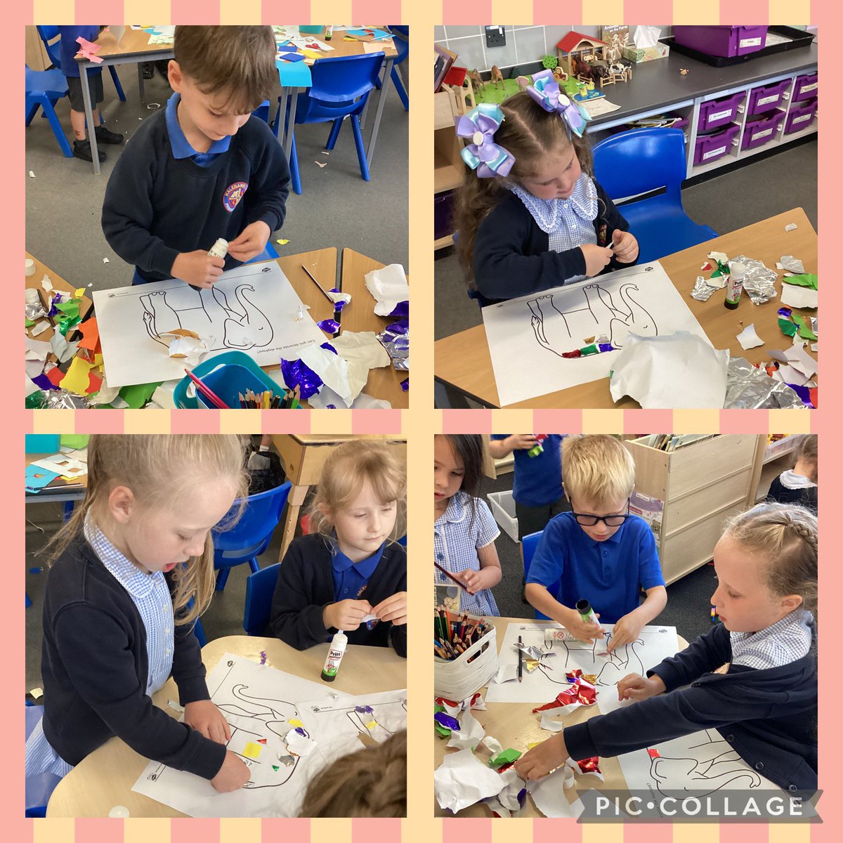 halebank_sch's tweet photo. A colourful afternoon in Willow Class. We read the story Elmer and creates our very own patchwork Elmer elephants using coloured paper #HBWillowClass #HBArt #HBTransition #Elmerthepatchworkelephant https://t.co/SGuyaZ05Gb