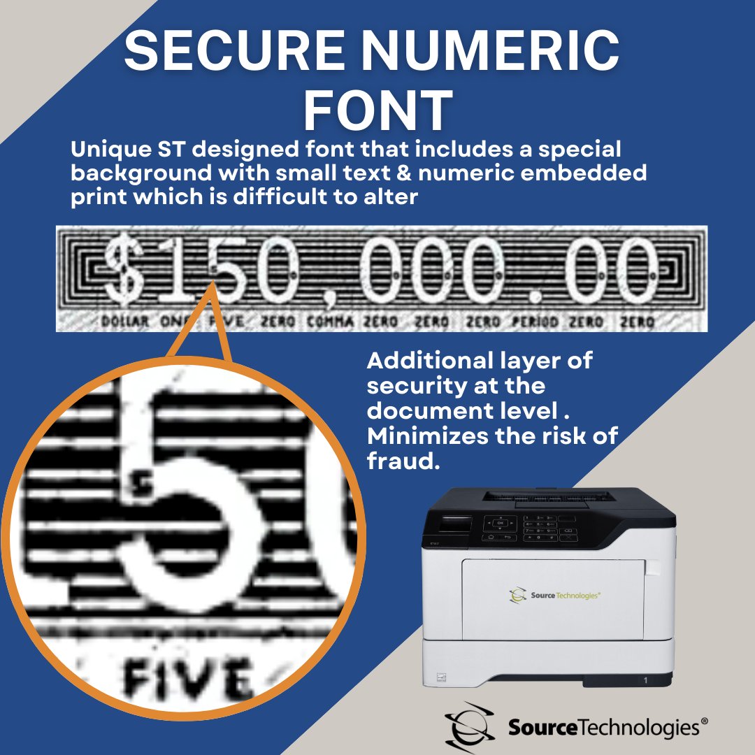 SourceTechnolo4's tweet image. To enhance document security, our secure MICR printers incorporate a unique font known as the Secure Numeric Font. . These features make alterations diﬃcult, providing an additional layer of security at the document level and minimizing the risk of fraud.  #SourceTechnologies