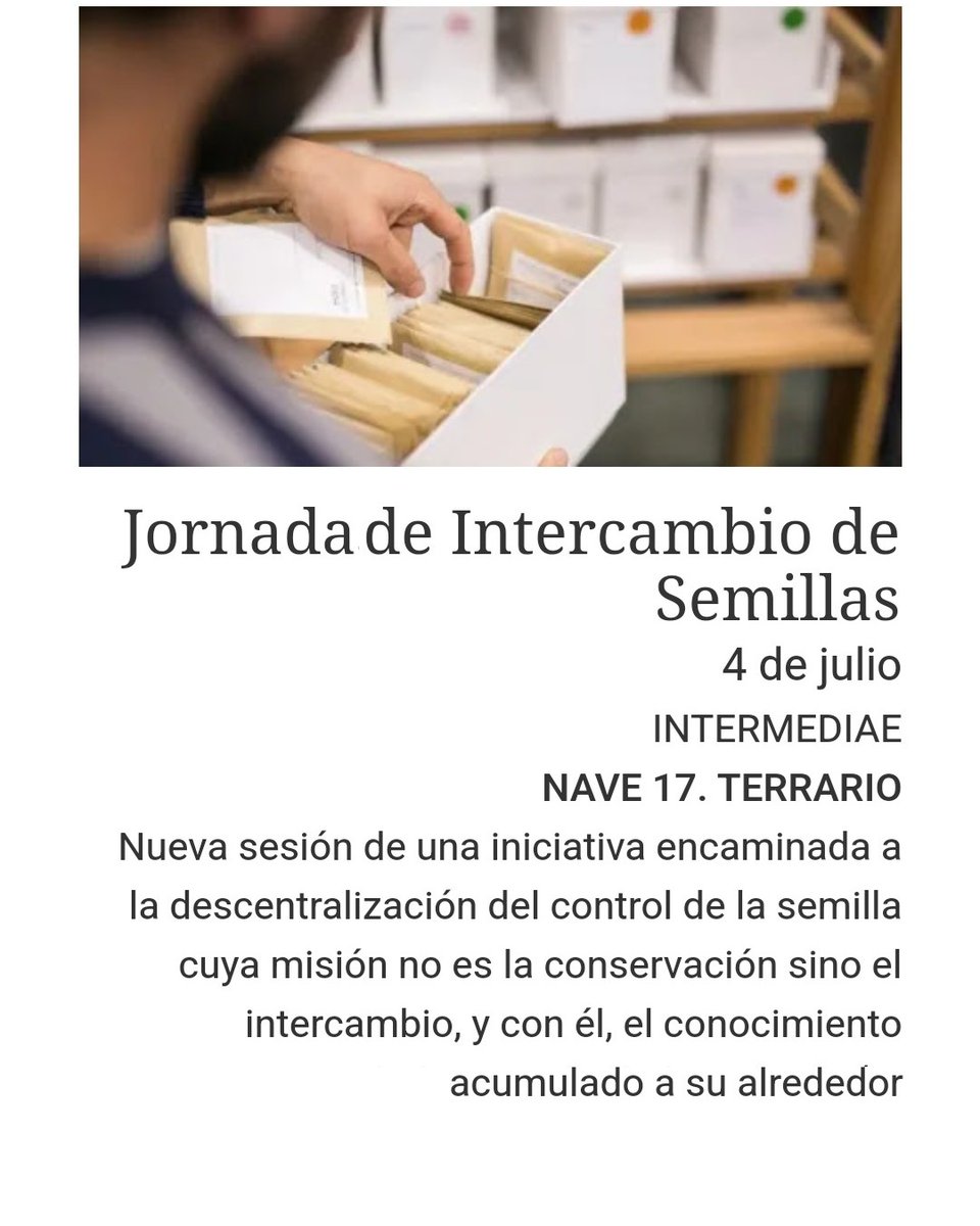 intermediae's tweet photo. 🌱¡Antes de la pausa veraniega celebraremos una nueva jornada del Banco de Intercambio de semillas (#BIS)! Junto a #Ecosecha, os esperamos el jueves en el Terrario de #Intermediae_Matadero.
⌚18h.📍@mataderomadrid
✅Acceso libre hasta completar aforo.
👉https://t.co/WIjnufPQ1i https://t.co/UX15JiAoUP
