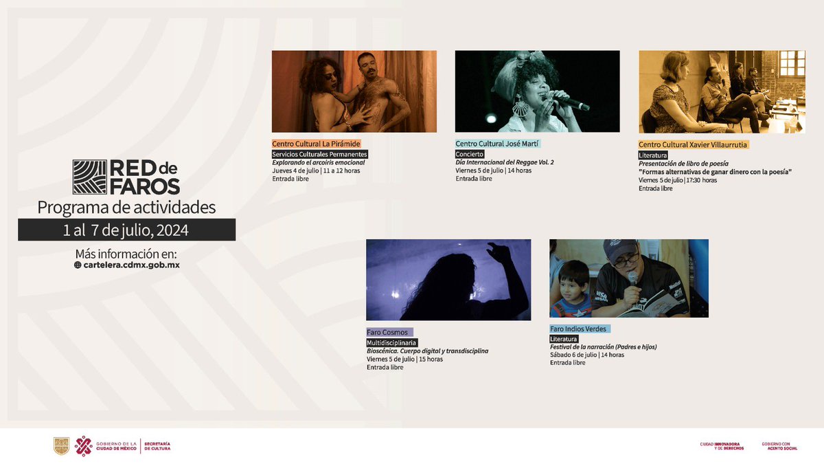 ComunitariaCdMx's tweet photo. Para esta semana, del 1 al 7 de julio, la #RedDeFaros de la Secretaría de @CulturaCiudadMx presenta la cartelera cultural, una serie de eventos artísticos que incluye conciertos, exposiciones y conversatorios.
#CulturalComunitaria

Más información en la: https://t.co/gCvyYX2iVz https://t.co/lfIbLhZQOw