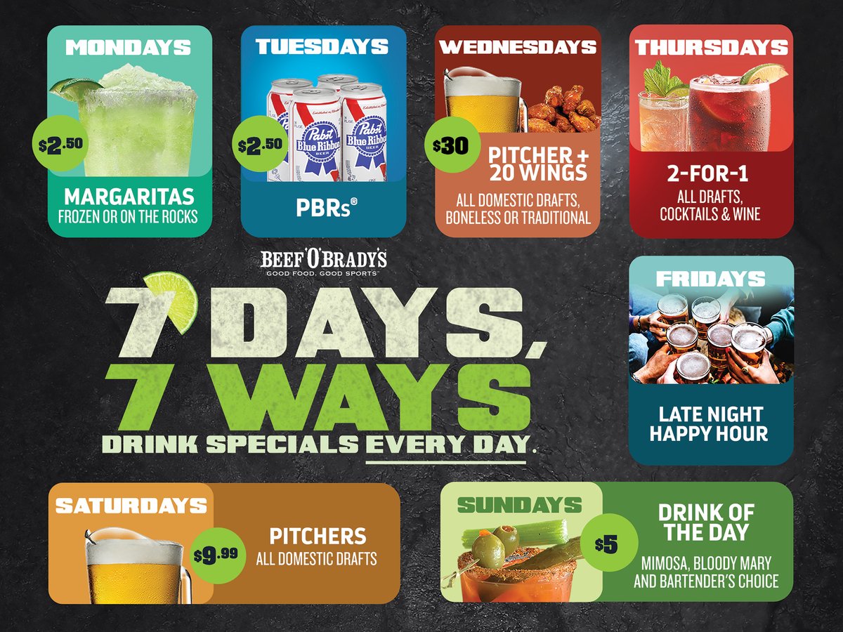🍻WE NOW OFFER.... 7 DAYS OF DRINK SPECIALS!!
-Now You Can Enjoy Food &amp; Drink Specials... EVERY DAY!

🍀Join Us At Beef's For Your Favorite Day Of The Week, We Got You Covered.
*At Participating Locations Only*