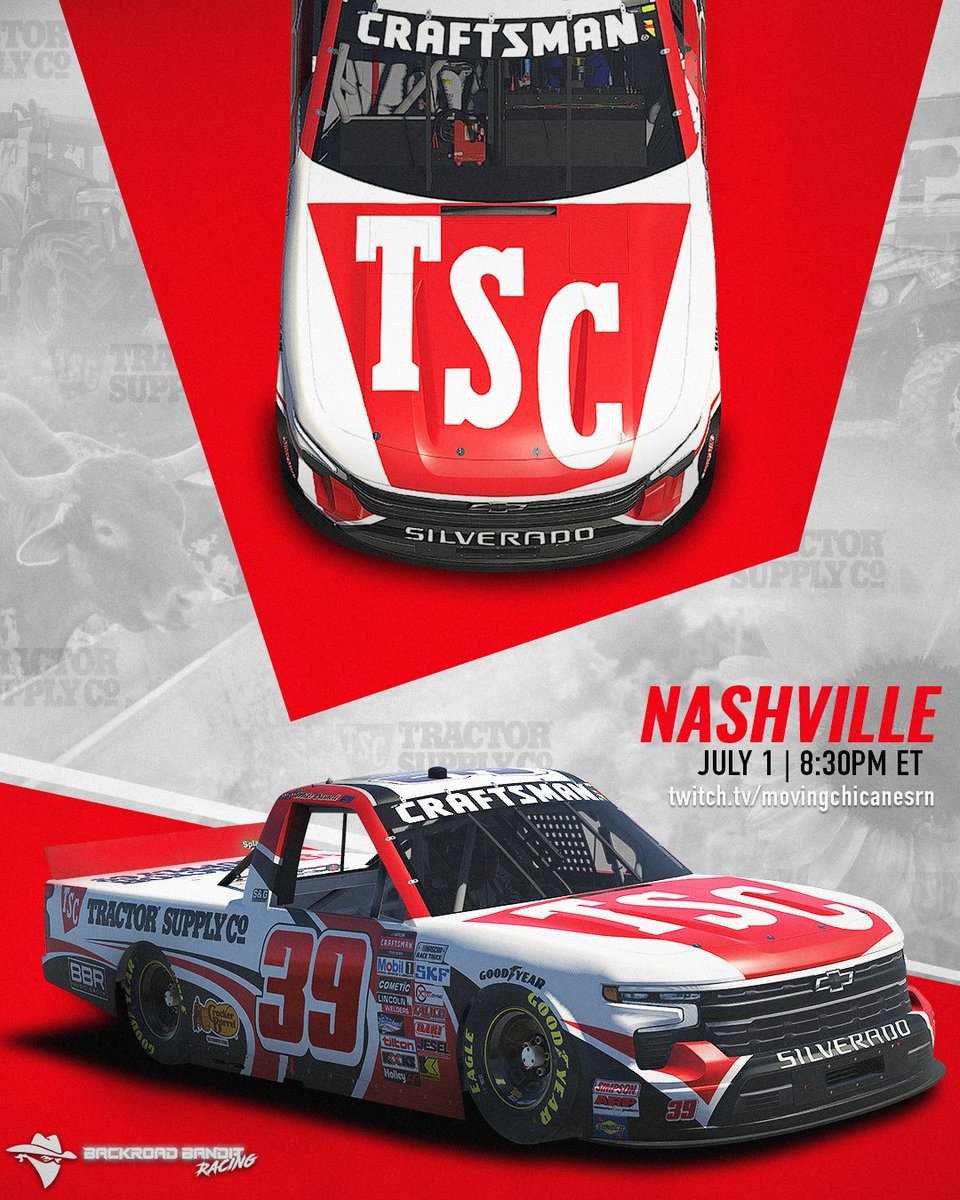 It's race day in Nashville! 🏁🔥 The #39 <a href="/TractorSupply/">Tractor Supply</a> Chevrolet Silverado is ready to plow through the competition! 🚜💨 Tune in tonight at 8:30 PM ET on twitch.tv/movingchicanes…. Let's go racing! 🏆🚚 #RaceDay #Nashville #SportsmanTruckSeries #BackroadBanditRacing

Paint: