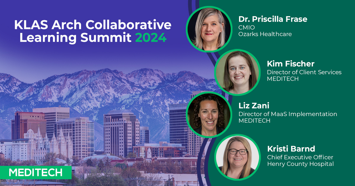 MEDITECH's tweet photo. Join @MEDITECH and customers at the #KLAS Arch Collaborative Learning Summit, July 17-19 in Salt Lake City, UT. CEO Kristi Barnd @HCHospital and CMIO Dr. Priscilla Frase @OZHCare will be presenting! #KLASArchCollaborative https://t.co/0kPCERnjFN https://t.co/GRCcZRyVA6