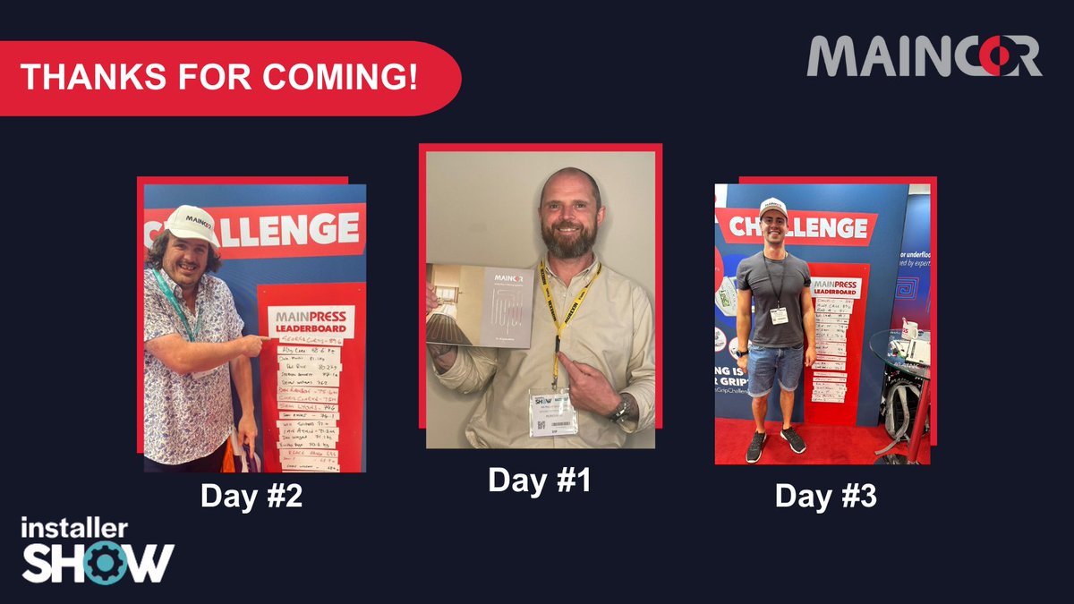 Thanks to everyone who visited us at #InstallerShow2024. We had a great time meeting everyone and our #MainpressGripChallenge proved a hit💪

Our three daily winners all went home with Maincor vouchers and our overall champion George took home a brand new pressing tool!