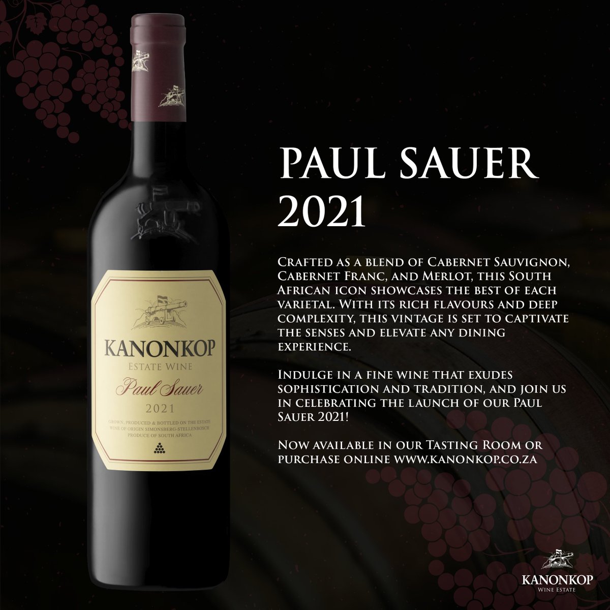 Kanonkop Wine Estate (@kanonkopestate) on Twitter photo Experience the epitome of South Africa winemaking with the new vintage of Paul Sauer 2021.
Now available in our Tasting Room or purchase online at kanonkop.co.za
#kanonopwineestate #wherethebiggunsroar #drinkstellenbosch #wineofsouthafrica #paulsauer Experience the epitome of South Africa winemaking with the new vintage of Paul Sauer 2021.
Now available in our Tasting Room or purchase online at kanonkop.co.za
#kanonopwineestate #wherethebiggunsroar #drinkstellenbosch #wineofsouthafrica #paulsauer