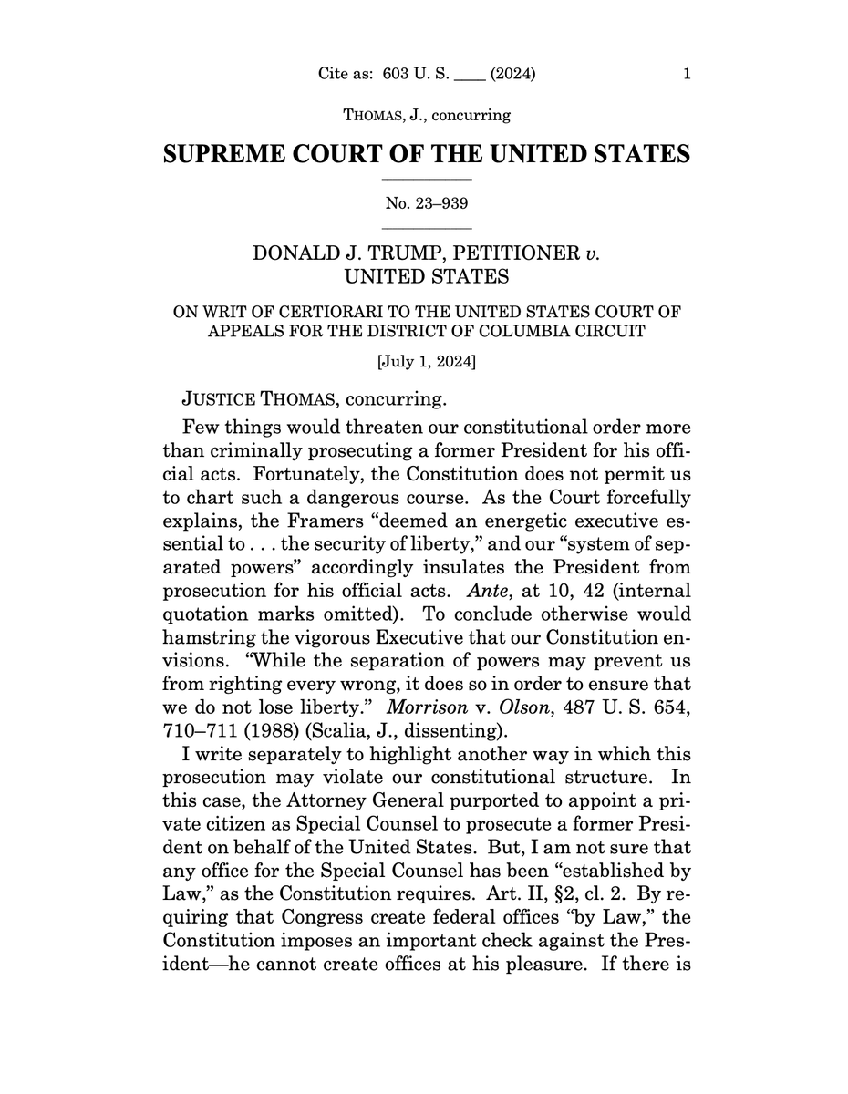 HansMahncke's tweet photo. "the Attorney General PURPORTED to appoint a private citizen as Special Counsel to prosecute a former President on behalf of the United States"

Justice Thomas wrote a concurring opinion with the sole purpose of explaining why Jack Smith's appointment is unlawful. https://t.co/nExfub2A4a