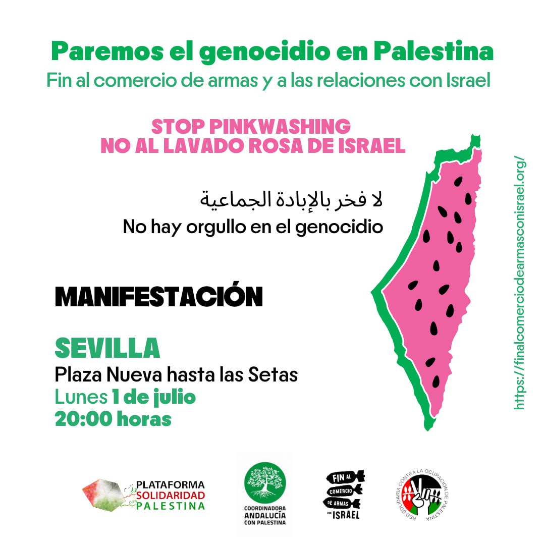 Esta tarde #Sevilla vuelve a salir a la calle por #PalestinaLibre. Desde el río hasta el mar, Palestina vencerá!
#NoPrideInGenocide #Stop_Gaza_Genocide