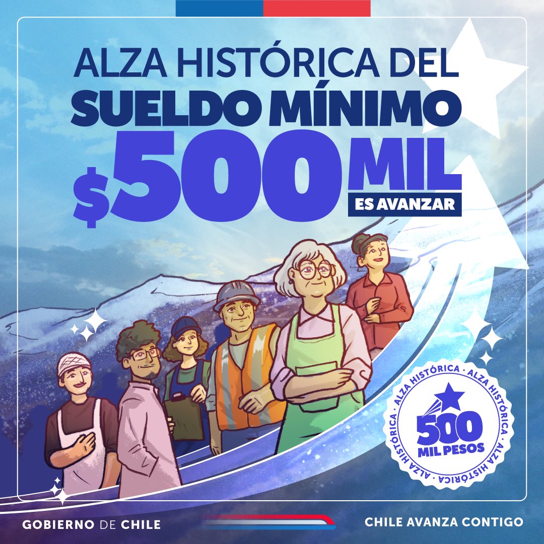 JuanCaMunozA's tweet photo. Las y los trabajadores son el motor de nuestro país. Su potencia tiene un reconocimiento histórico hoy mediante el alza del #SueldoMínimo a $500 mil pesos.  

Chile avanza y lo hace con medidas concretas que mejoran a vida de todos quienes viven aquí 🇨🇱 https://t.co/qOENpnbz2k