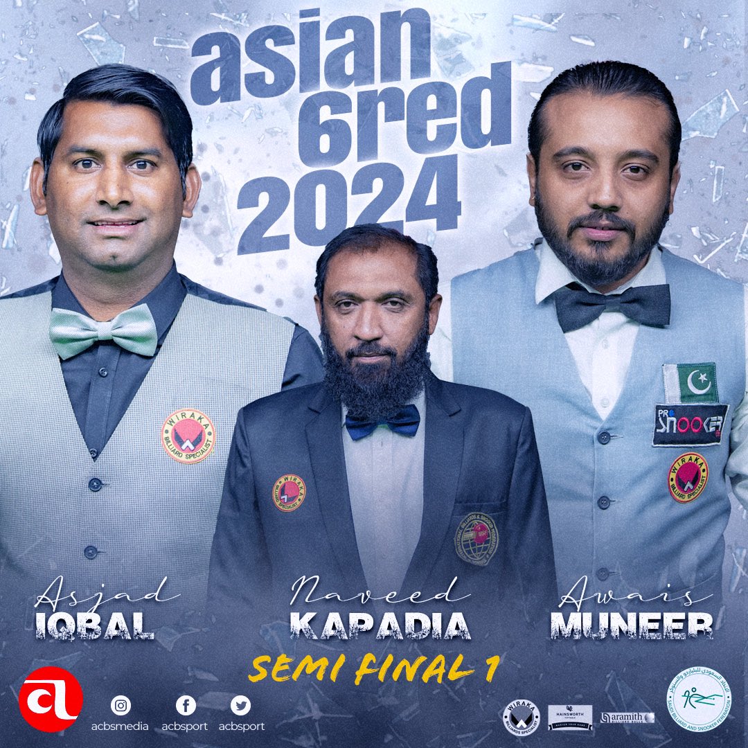 ACBSport's tweet image. ASIAN 6RED SNOOKER 2024 

Semi Final match-01

Asjad Iqbal (Pakistan) vs. Awaid Muneer (Pakistan) 

Referee Incharge: Naveed Kapadia (Pakistan)

#letthecuebegin #6red #snooker #riyadh #saudiarabia #asianchampionships2024 #billiardsports