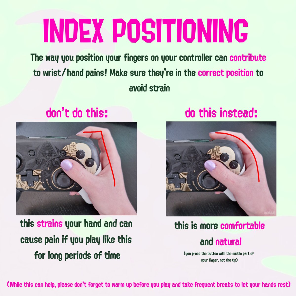 Thought I'd share since I haven't seen anyone else mention this; the position of your index fingers could be hurting you while playing.

Here's an image I made to explain it: