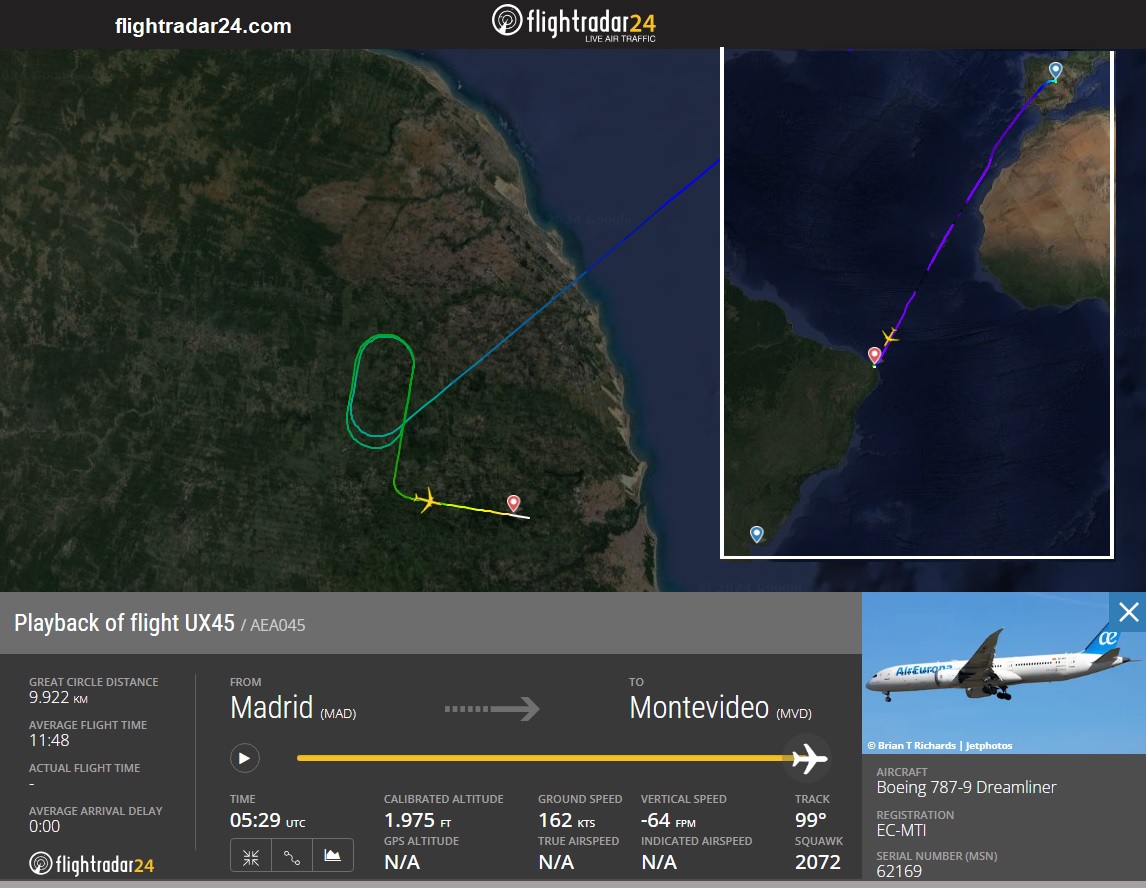 JacdecNew's tweet photo. Air Europa Boeing 787-9 (EC-MTI, built 2018) safely diverted to Natal-Intl AP(SBSG), Brazil after flight #UX45 from Madrid to Montevideo, Uruguay encountered severe turbulence during cruise flight at 36000 ft. leaving at least 30 persons injured and aircraft interior damaged. 
https://t.co/X9DuBTN7zM