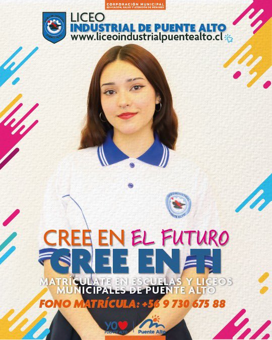 MATRICÚLATE EN NUESTROS COLEGIOS MUNICIPALES 2025 📚✏️

Te invitamos a conocer Liceo Industrial y sus 5 especialidades.

FONO MATRÍCULA +569 73067588

#CreeEnTi #Matrículas2025 #PuenteAlto #LiceoIndustrial