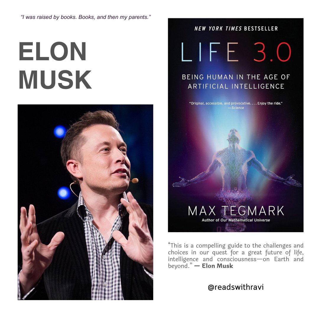 readswithravi's tweet photo. “I was raised by books. Books, and then my parents” says Elon Musk.  

He encourages people to read a lot of books, try to ingest as much information as you can and develop good general knowledge. Try to learn a little about everything.

20 books recommended by @elonmusk 🧵

1) Life 3.0 by Max Tegmark