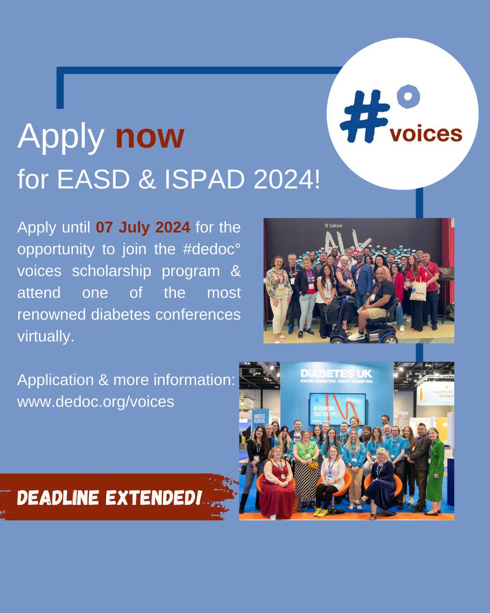 Still undecided whether you should apply? Then this is your sign to send us your application! We have extended the deadline for the #dedoc° voices scholarship for EASD &amp; ISPAD 2024, to 7 July. Take your chance now! We are very much looking forward to receiving your application.🤩