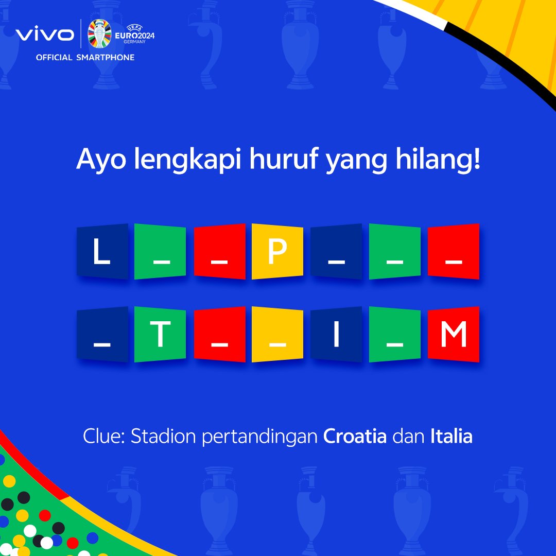 vivo_indonesia's tweet photo. ‼️Quiz alert‼️

Tebak huruf yang kosong di bawah ini👇🏻

9 orang pemenang mendapatkan E-Wallet total Rp300.000 dan Merchandise Official #EURO2024 ⚽️

Clue tambahan: satu-satunya stadion di kawasan timur Jerman yang dipakai untuk Piala Dunia 2006.
#WeWOWMoments https://t.co/4jAWCUvka7