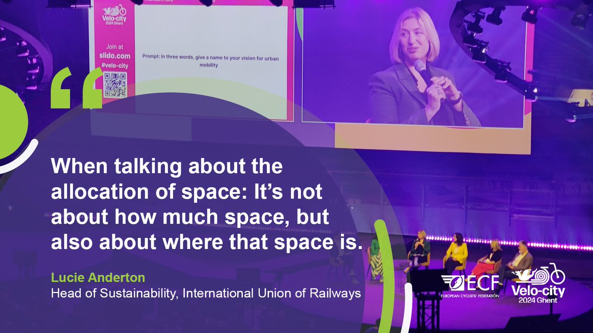 🚲🌍 Lucie Anderton, Head of Sustainability at @UICrail, shared key insights at #VeloCity2024 in Ghent!
"Stations are key, they have the power to convene active and collective low carbon transport as a mobility hub."
Let's make rail and cycling the go-to for sustainable travel!