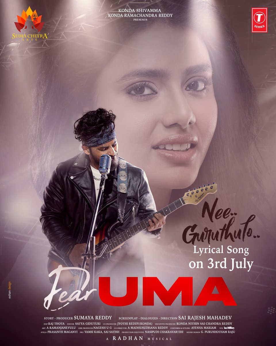 Suma Chitra Arts (@sumachitra_arts) on Twitter photo Love Anthem - celebrate moments of love!
#NeeGuruthulo From #DearUma will be out on July 3rd, Promo releasing tomorrow
<a href="/AmbarPruthvi/">Pruthvi Ambaar</a> <a href="/sumaya_reddy/">Sumaya Reddy</a>
#SaiRajeshMahadev <a href="/radhanmusic/">Radhan Music</a> @tseriessouthofficial
<a href="/sumachitra_arts/">Suma Chitra Arts</a> <a href="/PROSaiSatish/">Sai Satish</a> #RajThota Love Anthem - celebrate moments of love!
#NeeGuruthulo From #DearUma will be out on July 3rd, Promo releasing tomorrow
<a href="/AmbarPruthvi/">Pruthvi Ambaar</a> <a href="/sumaya_reddy/">Sumaya Reddy</a>
#SaiRajeshMahadev <a href="/radhanmusic/">Radhan Music</a> @tseriessouthofficial
<a href="/sumachitra_arts/">Suma Chitra Arts</a> <a href="/PROSaiSatish/">Sai Satish</a> #RajThota