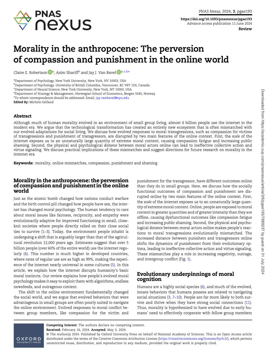 How do our ancient brains navigate our social relationships online?

1) The scale of the internet exposes us to an unnaturally large quantity of extreme moral content, causing compassion fatigue and increasing public shaming.

2) The physical and psychological distance between