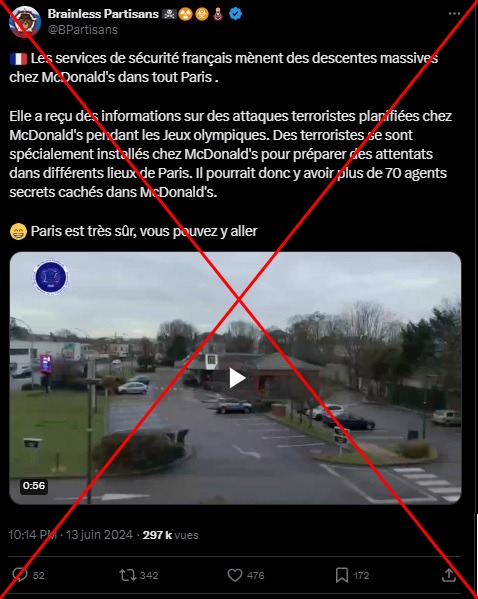 AfpFactuel's tweet photo. A moins d'un mois du début des Jeux olympiques, des prétendues vidéos de la DGSI et de la CIA mettraient en garde contre des menaces terroristes à Paris ? 

❌ Ces vidéos sont fausses et s'inscrivent dans des campagnes de désinformation plus larges #AFP 1/3 https://t.co/3x1EsYKGdZ