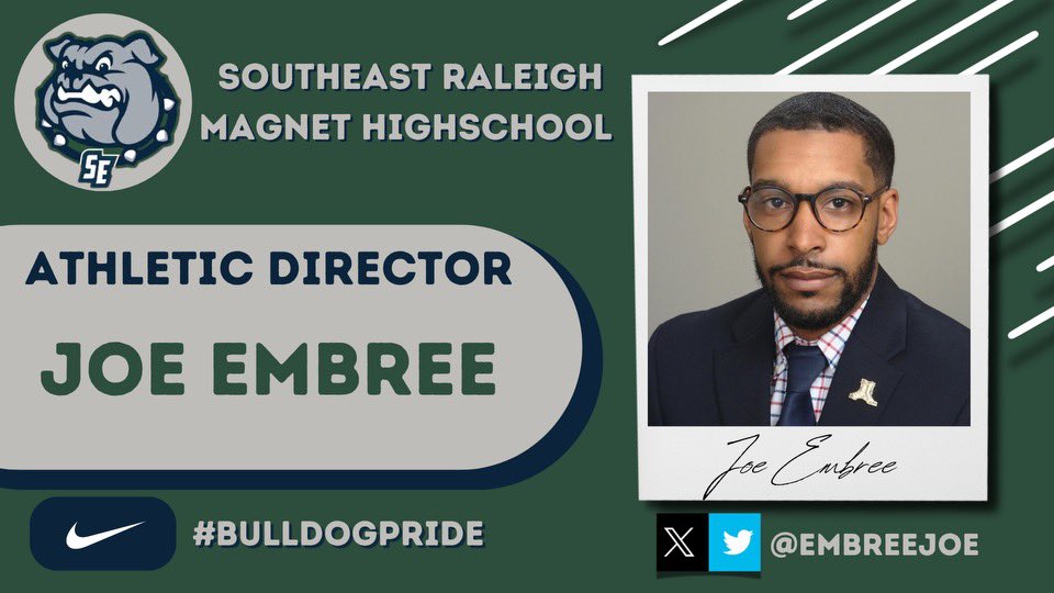 AD Joe Embree, CMAA (@embreejoe) on Twitter photo Excited to announce that I’ve accepted the position of Athletic Director at Southeast Raleigh! Looking forward to working with our talented student-athletes, coaches, and community to build an outstanding athletic program. Go Bulldogs! <a href="/WCPSS_Athletics/">Wake County Athletics</a> <a href="/HighSchoolOT/">HighSchoolOT</a> Excited to announce that I’ve accepted the position of Athletic Director at Southeast Raleigh! Looking forward to working with our talented student-athletes, coaches, and community to build an outstanding athletic program. Go Bulldogs! <a href="/WCPSS_Athletics/">Wake County Athletics</a> <a href="/HighSchoolOT/">HighSchoolOT</a>