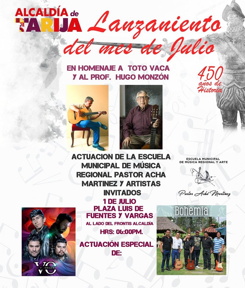 MUNICIPIOTJA's tweet photo. La Alcaldía de Tarija tiene el honor de invitar a todos los ciudadanos al lanzamiento del mes de julio, en conmemoración de los 450 años de fundación de nuestra querida ciudad. Este evento especial se llevará a cabo el día 1 de julio a las 18:00 en el frontis de la Alcaldía. https://t.co/7CtPdiEeeP