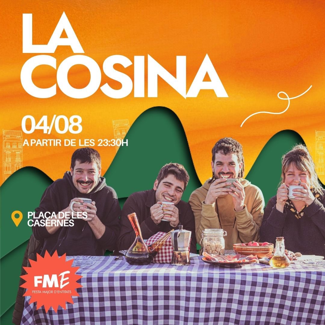 Seguim amb La Cosina, una barreja de ritmes d’arrel i moderns, que reivindicar la vida a les places, les lluites col·lectives, el sentiment d’amor a la terra, a reivindicar el paper de la gent gran i a estimar aquells moments que ens fan entendre que som poble, barri o família!