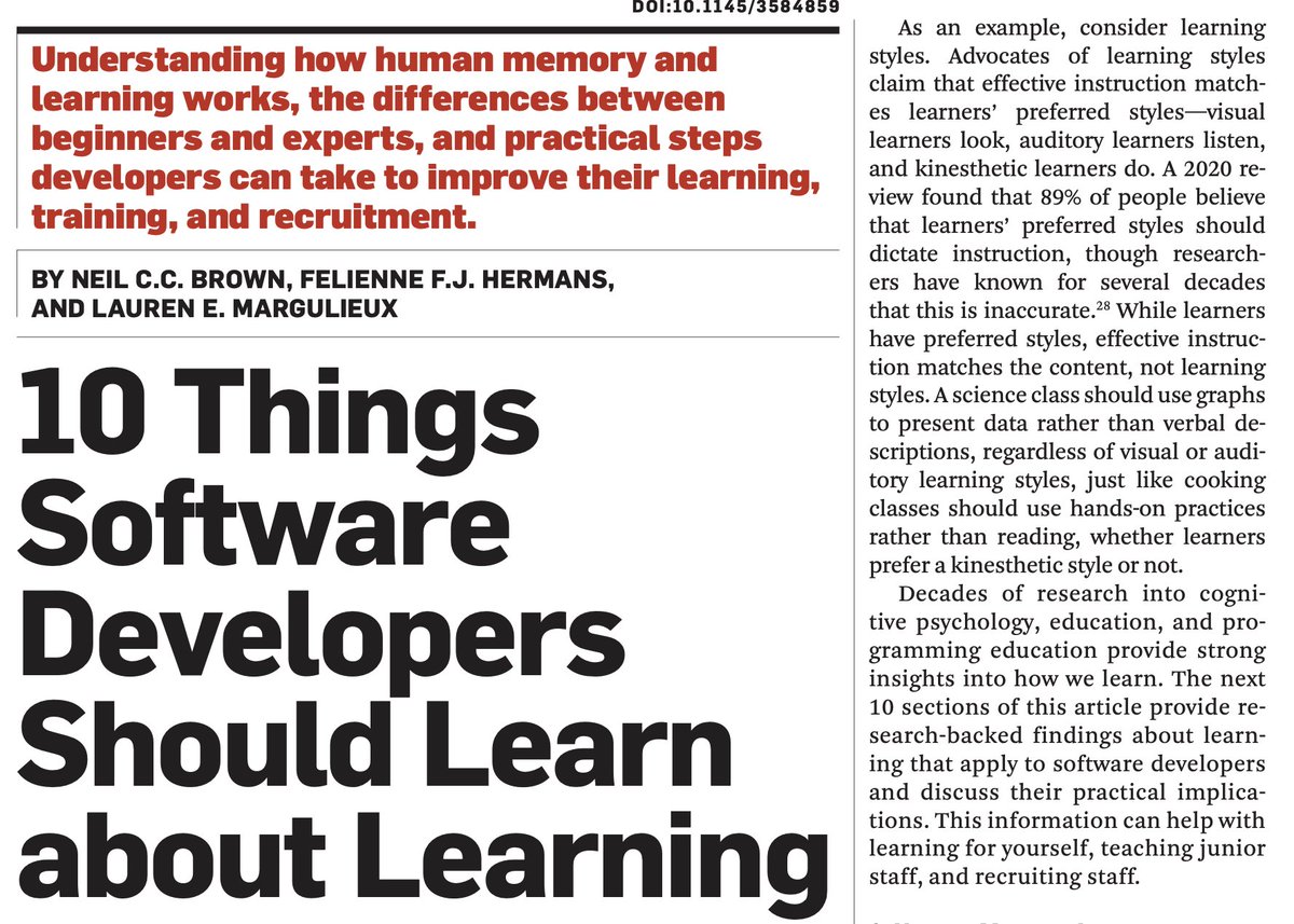 This short paper (dl.acm.org/doi/10.1145/35…) contains a lot of insights on how learning works, and how to improve the way we learn as software developers.
It's worth reading, but you could also head to the very good summary made by <a href="/abinoda/">Abi Noda</a>: newsletter.getdx.com/p/software-dev…