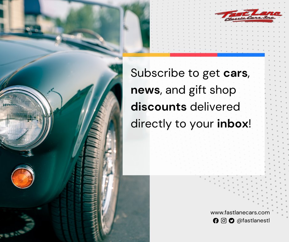 FastLaneSTL's tweet image. Stay in the Fast Lane! Get the latest on cars, news, and exclusive gift shop discounts delivered straight to your inbox! Click the link below to sign up today!

👉 mailchi.mp/fastlanecars/s… 

#FastLaneClassicCars #EmailSubscription #StayUpdated #ClassicCarLovers