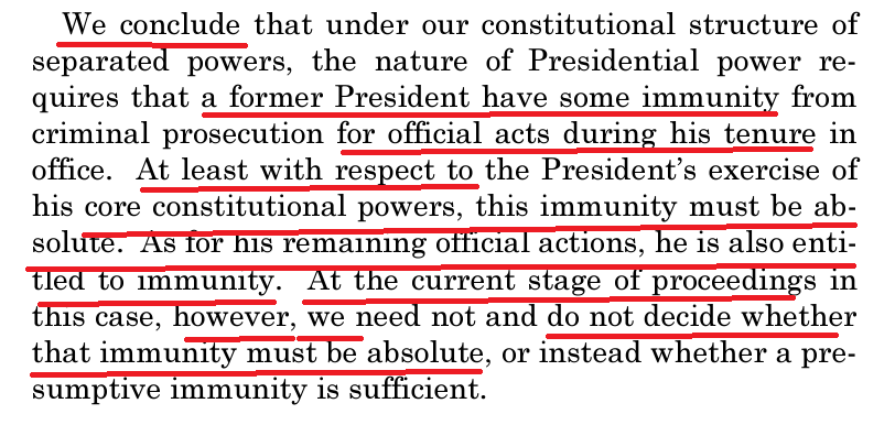 SCOTUS decision in Trump v. US is a punt more than anything : Prez gets immunity for official acts that arise from core  constitutional powers, but there's no decision RE: official acts that don't arise from core constitutional powers. This is just shit-housery time wasting.