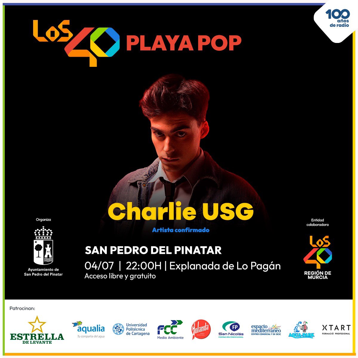 CONFIRMADO 🔴 <a href="/charlie_usg/">charlie</a> se viene a #Los40PlayaPop 2024. 

La mayor concentración de artistas a orillas del Mar Menor ⛱️☀️🎶

Con <a href="/Los40_RM/">LOS40 RegióndeMurcia</a> y <a href="/Ayto_Pinatar/">Ayuntamiento de San Pedro del Pinatar</a>