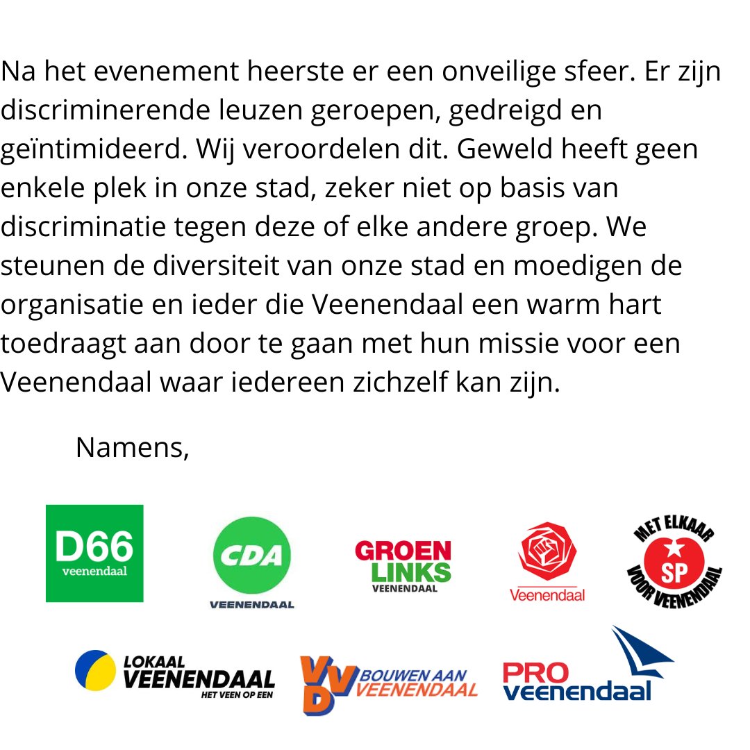 Afgelopen Pride heeft zich, ondanks meer dan voldoende maatregelen door organisatie en ondernemer, een ontzettend naar incident voorgedaan. 

Met alle politieke partijen die wel vinden dat iedereen in Veenendaal zichzelf mag zijn maakte we het volgende statement.
