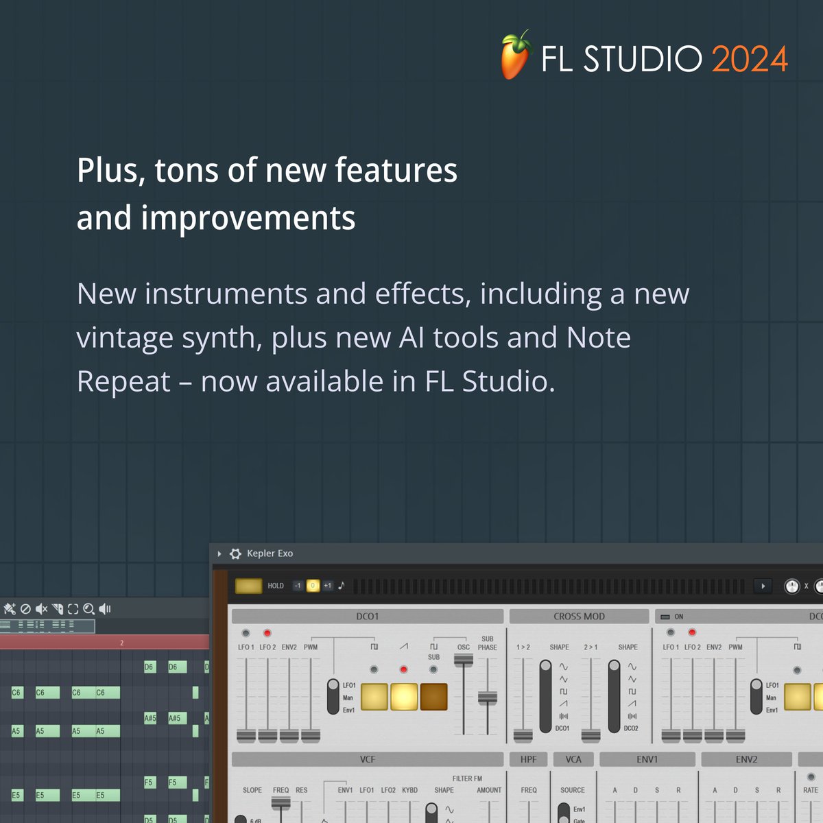 FL_Studio's tweet photo. Meet FL Studio 2024! Get a chord progression tool, new synth, extra effects, and more. Plus FL Cloud now has 65+ plugins from Native Instruments, UVI, and more. 

https://t.co/d5szP6rm2n https://t.co/yE7tjqba9u