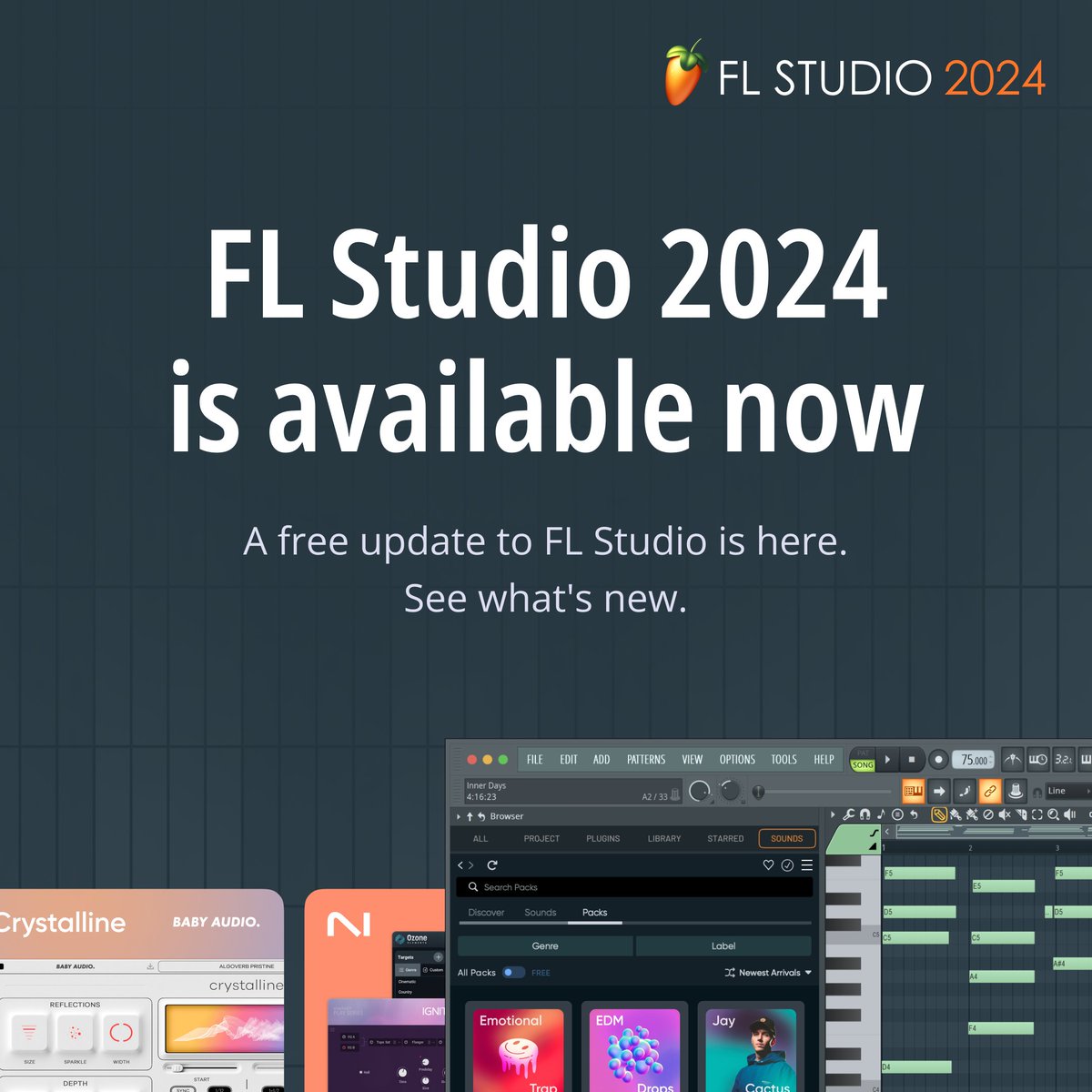 FL_Studio's tweet photo. Meet FL Studio 2024! Get a chord progression tool, new synth, extra effects, and more. Plus FL Cloud now has 65+ plugins from Native Instruments, UVI, and more. 

https://t.co/d5szP6rm2n https://t.co/yE7tjqba9u