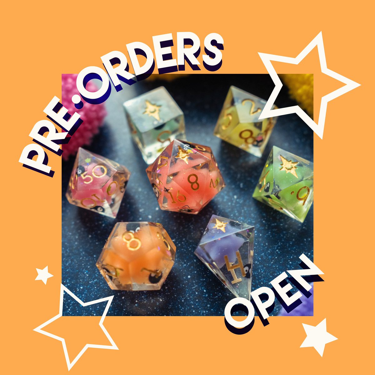 Juice_BoxStudio's tweet photo. Soot Sprite Party dice pre-orders are now open!! 🌟Single D20 and 7 piece sets are both available and star piece colour for the D20 can be changed to different colours. Link is in bio!
Pre-orders are not ready to be shipped immediately and will take 4-8 weeks from mid July. https://t.co/w56NvPvAHa