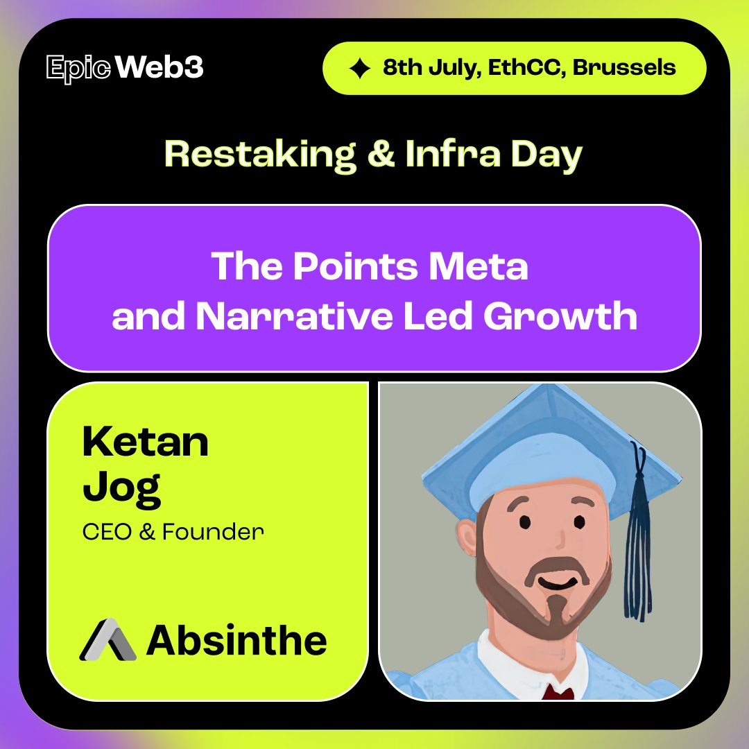 epicweb3's tweet photo. Points is one of the biggest narratives.

How to make meta work for you?

@ketan_jog, CEO &amp; Founder @absinthe_labs will answer this with his  keynote “The Points Meta and Narrative Led Growth”

📅July 8, Brussels, @EthCC

Grab your ticket for free here:
https://t.co/1hDFn3RJ4U https://t.co/FJR4e6rbcn