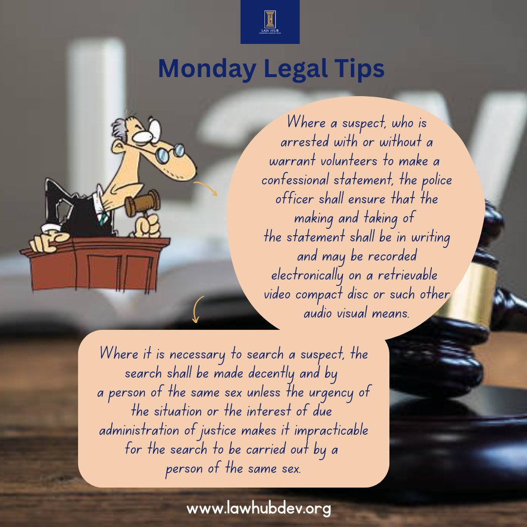 LawHub_DAC's tweet photo. #MondayLegalTips
Can a policeman search a female suspect? ๐ค
The #ACJL outlines specific guidelines for searches, emphasising respect & dignity.
๐
#ACJL #JusticeReform #HumanRights
@FedMinOfJustice @partnersnigeria @NigBarAssoc @UNDPGPCG https://t.co/q0Upq5rCs6