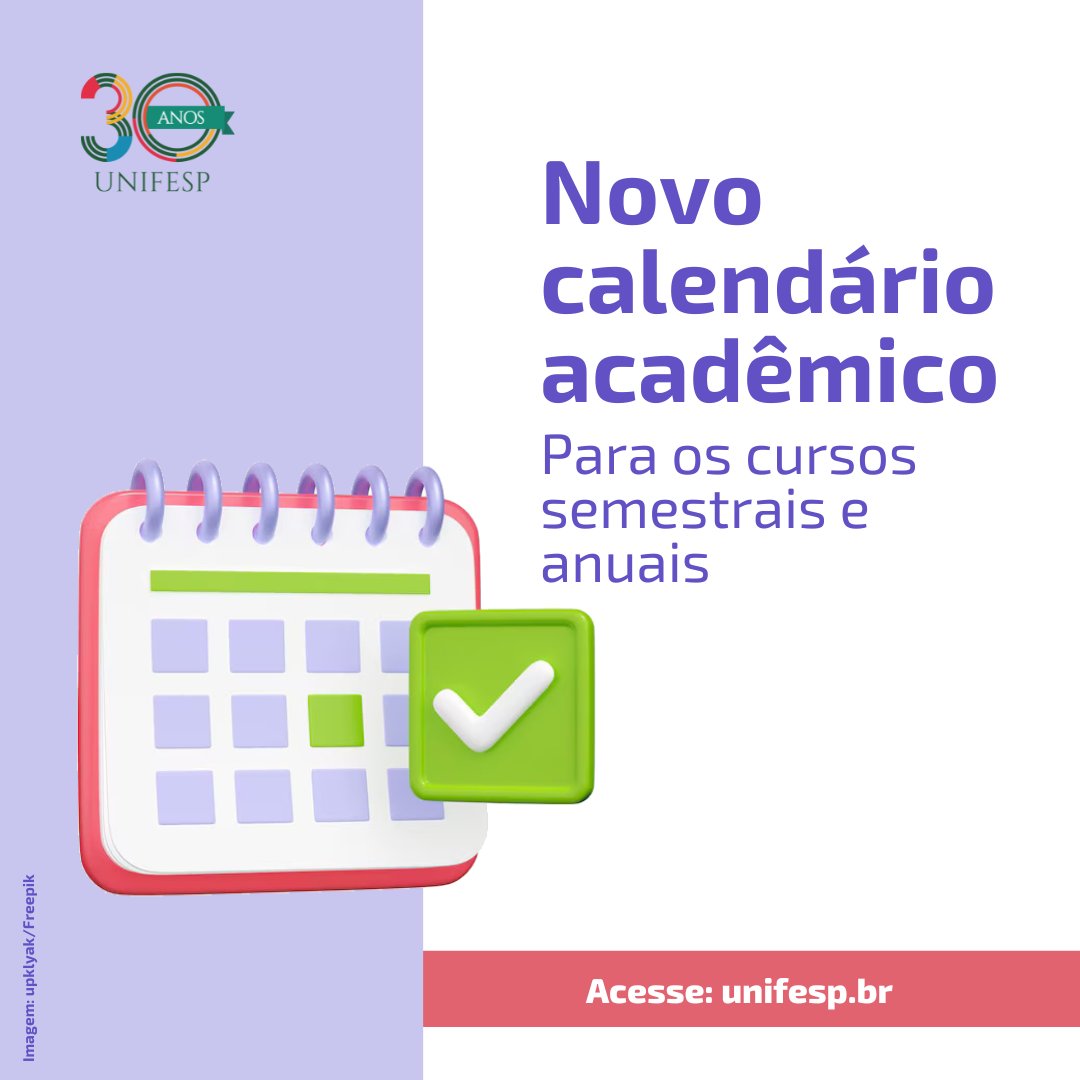 unifesp's tweet photo. Aprovado o novo calendário acadêmico! Confira como ficou o cronograma para os cursos semestrais e anuais, além das datas importantes: https://t.co/fXqcUxjCfN. #unifesp #somosunifesp #calendárioacadêmico #prograd #aulas #graduação https://t.co/qXObiM9nAu